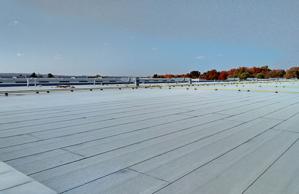 Two-ply SBS modified bitumen flat roof on a commercial building